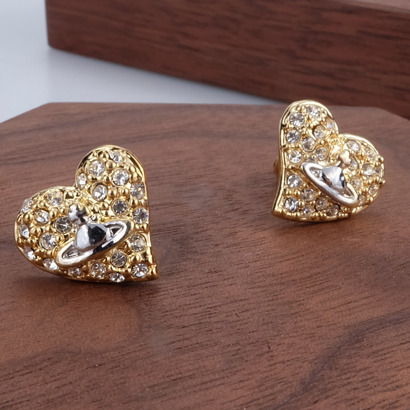 Vivienne Westwood fully jeweled loving heart series stud earrings personality European and American punk