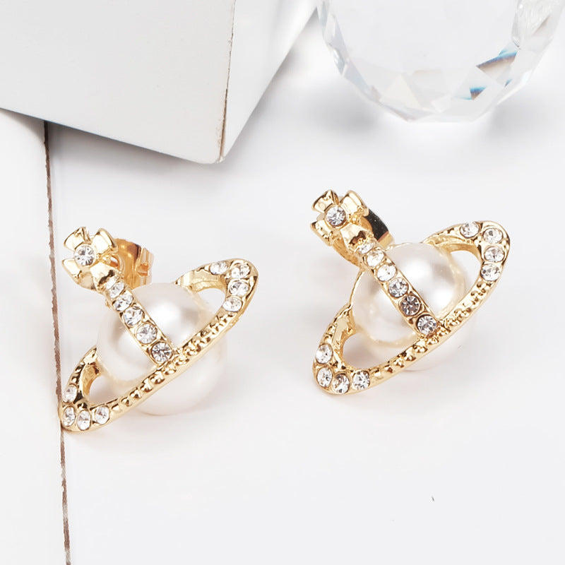 Vivienne Westwood half-face diamond pearl stud earrings luxury high-end