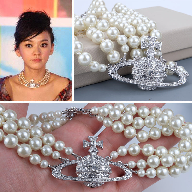 Vivienne Westwood three-layer Pearl silver ORB necklace exquisite high sense
