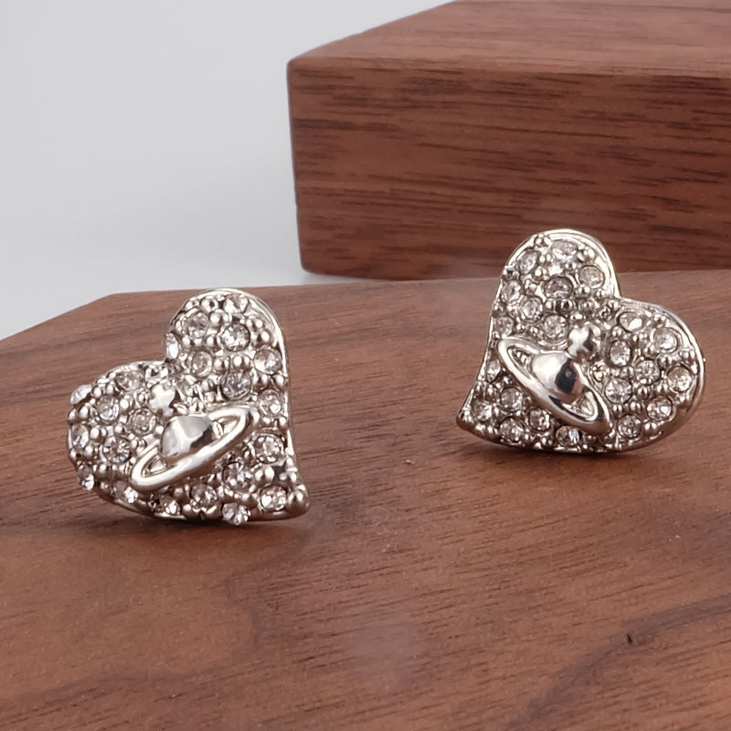 Vivienne Westwood fully jeweled loving heart series stud earrings personality European and American punk
