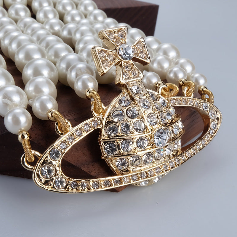 Vivienne Westwood three-layer Pearl silver ORB necklace exquisite high sense