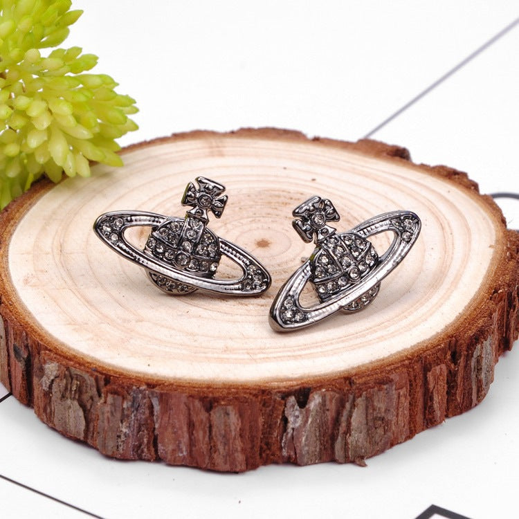 Vivienne Westwood classic full diamond orb stud earrings ins simple personalized all-match