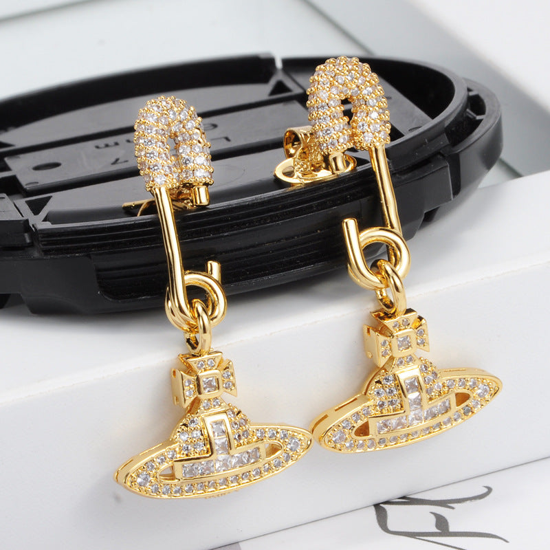 Vivienne Westwood high-end full Diamond Pin Stud earrings European and American friends