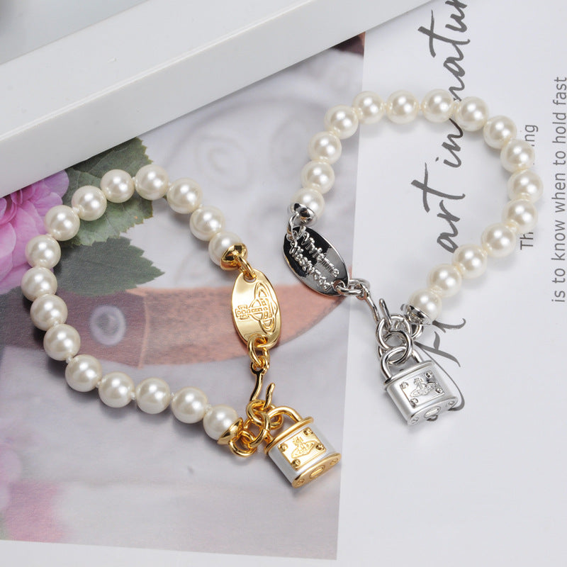 Vivienne Westwood resin lock head pearl bracelet female niche high sense