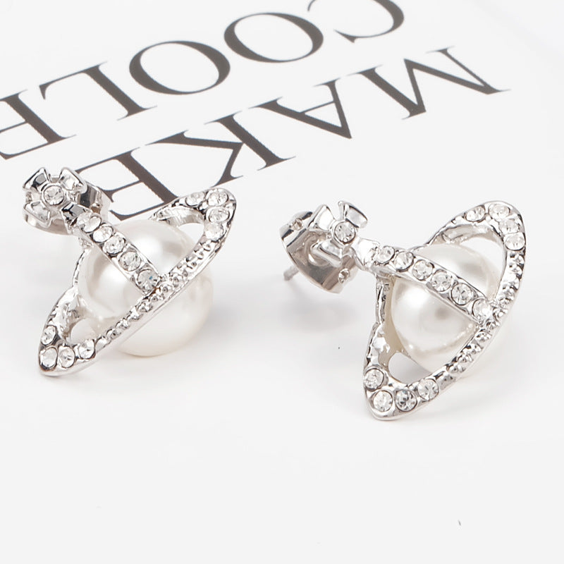 Vivienne Westwood half-face diamond pearl stud earrings luxury high-end