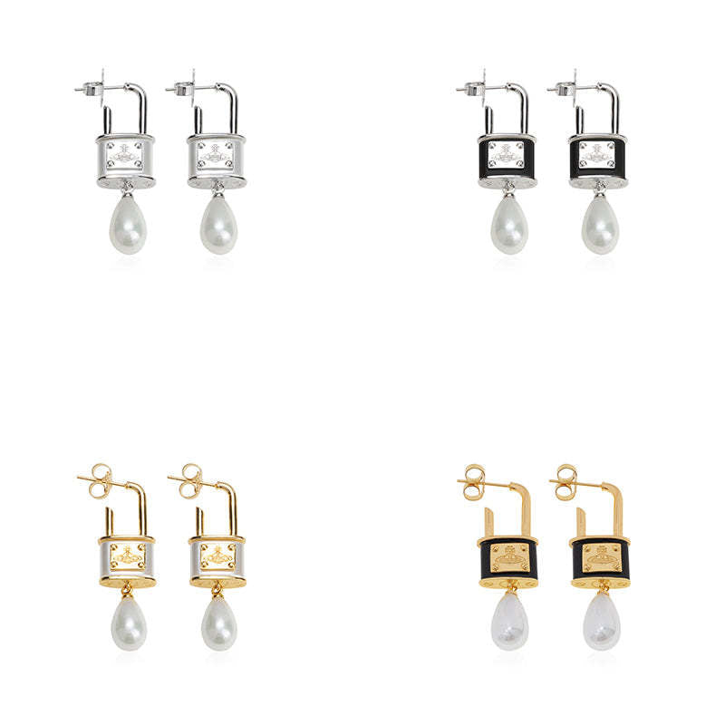 Vivienne Westwood Pearl lock Head series earrings exquisite luxury
