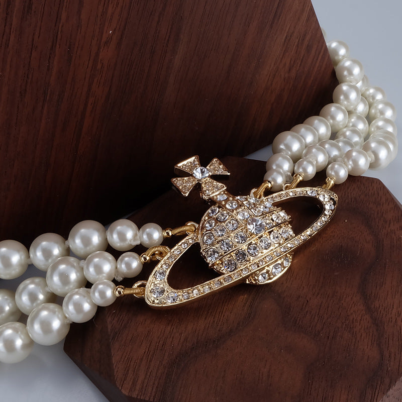 Vivienne Westwood three-layer Pearl silver ORB necklace exquisite high sense