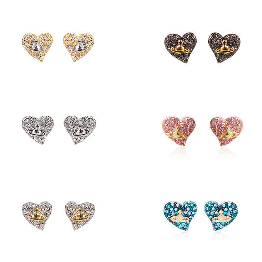 Vivienne Westwood fully jeweled loving heart series stud earrings personality European and American punk