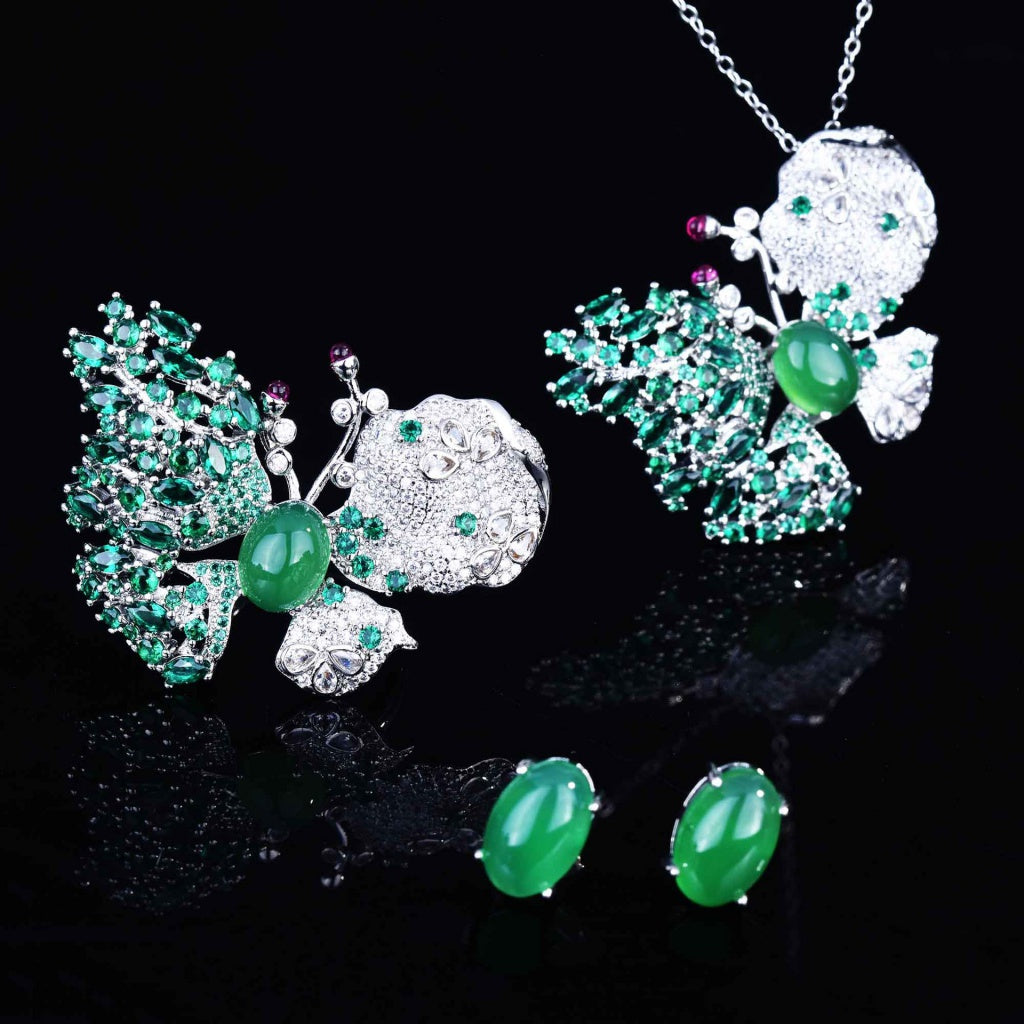 Kenzero Natural Chalcedony Suit Super Fairy Heavy Industry Design Butterfly Necklace Open Ring Green Chalcedony Stud Earrings