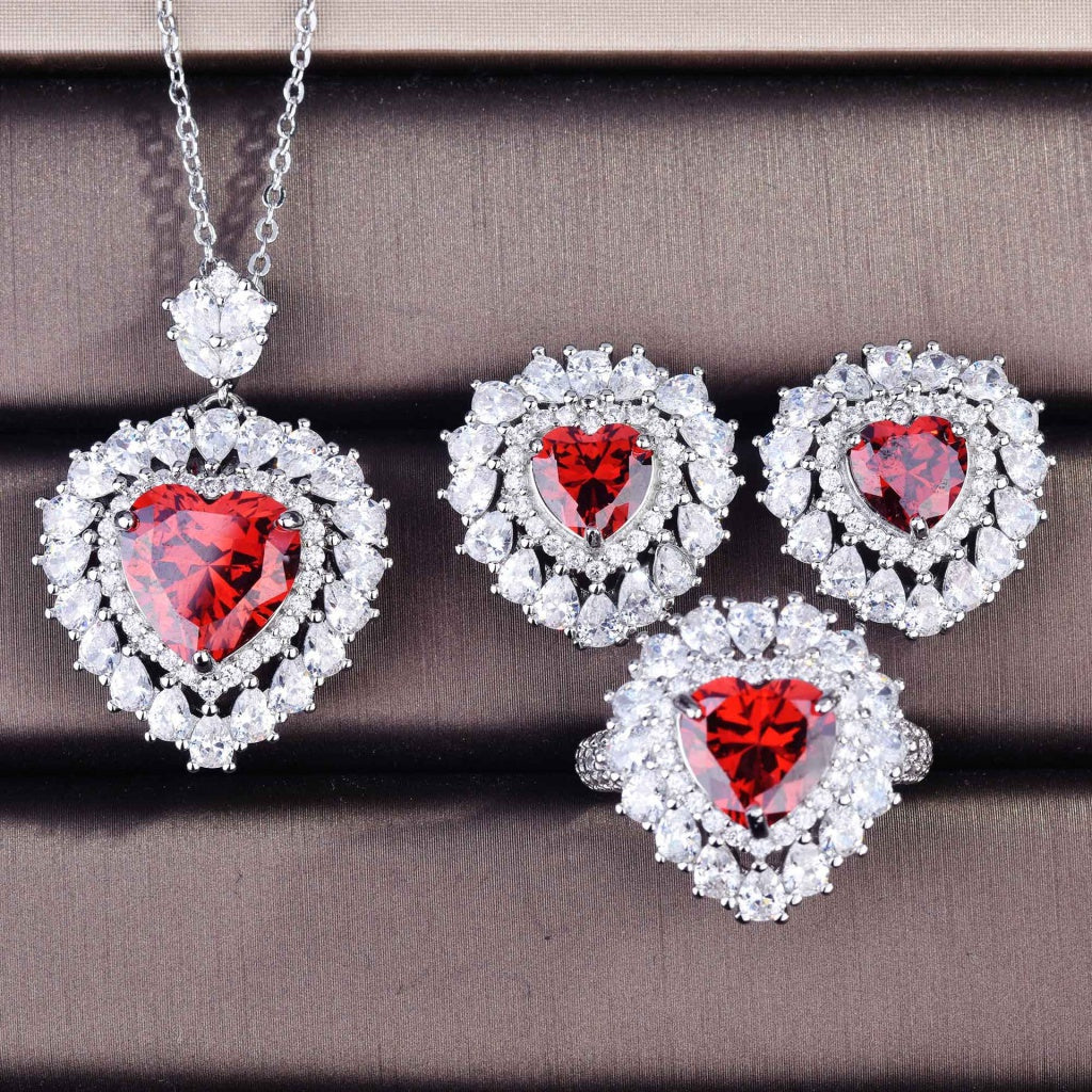 Kenzero Natural Pomegranate Red Necklace Diana Love Heart-Shaped Micro Setting Ring Ear Stud Pendant Suit