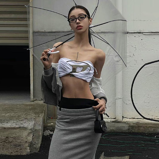WHATIWEAR Designer Model Hot Girl WardrobebiWomen's Slim-Fit Tube Top with Metal Letters All-Match Short Vest