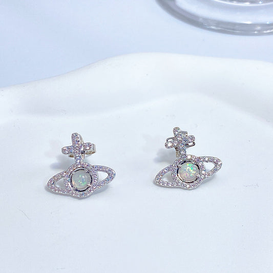 Vivienne Westwood orb Full Diamond Opal Stone Ear Studs Necklace