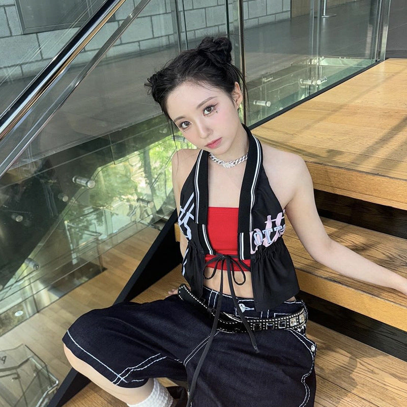 Street tide brandaespaSouth Korean Girl's Team Same Millenniumy2kHot Girl Music Festival Jersey Tied Spaghetti-Strap Vest