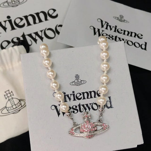 Vivienne Westwood Classic Pink diamond orb Pearl Necklace