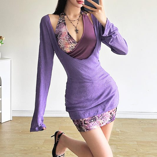 2024New Fall Women's Clothing Fashion Printed Irregular Stitching Suspender Skirt Outer Wear Slim-Fit Knitted Top