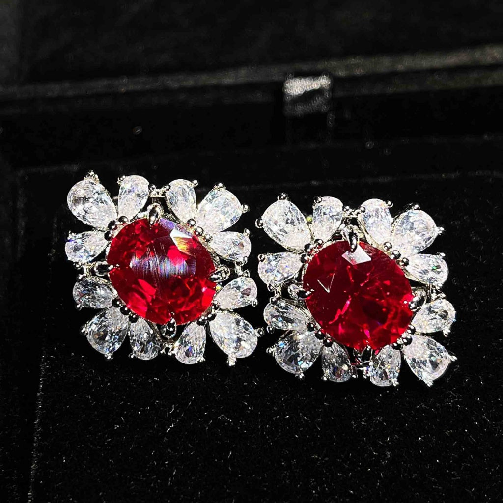 Kenzero Same Style Colored Gems Suit Fine Jewelry Customized Full Diamond Red Corundum Rings Ear Studs Pendant Necklace