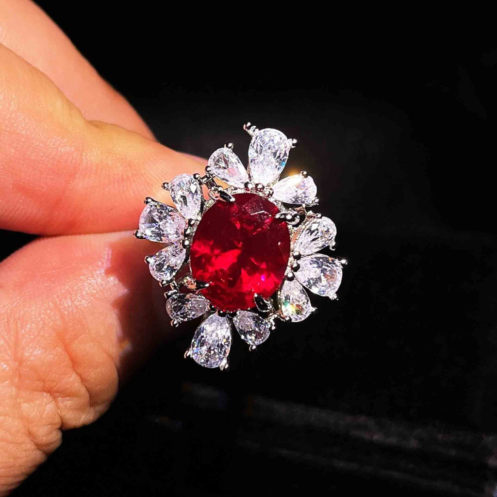 Kenzero Same Style Colored Gems Suit Fine Jewelry Customized Full Diamond Red Corundum Rings Ear Studs Pendant Necklace