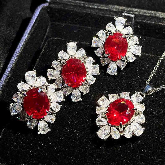 Kenzero Same Style Colored Gems Suit Fine Jewelry Customized Full Diamond Red Corundum Rings Ear Studs Pendant Necklace
