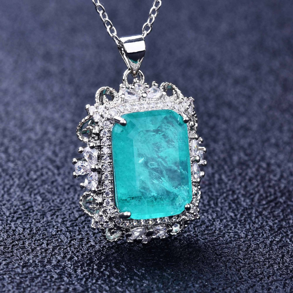 Kenzero Natural Paraiba Necklace Emerald Cutting Light Green Colored Gems Earings Set