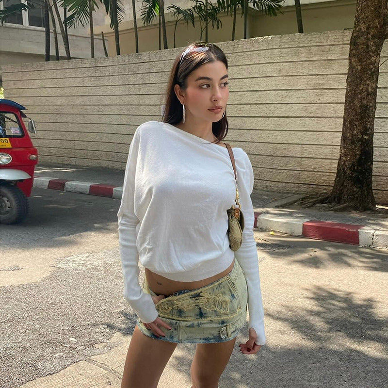 Cross-Border2024Summer New Women's Clothing Fashion Street Hot Girl Solid Color Diagonal Collar Loose All-Match Long SleeveTShirt Top