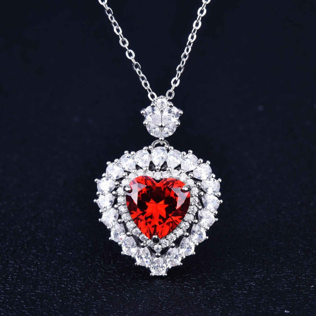 Kenzero Natural Pomegranate Red Necklace Diana Love Heart-Shaped Micro Setting Ring Ear Stud Pendant Suit