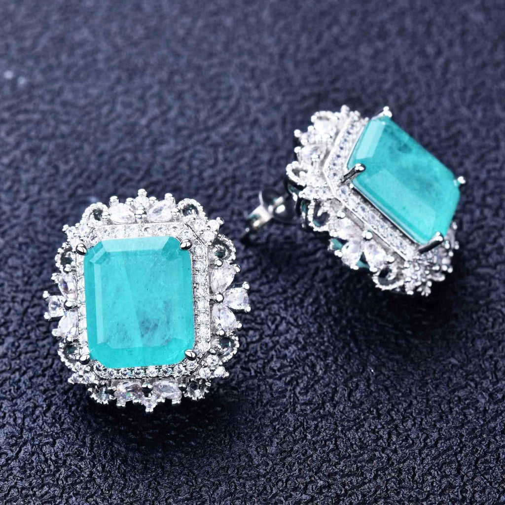 Kenzero Natural Paraiba Necklace Emerald Cutting Light Green Colored Gems Earings Set