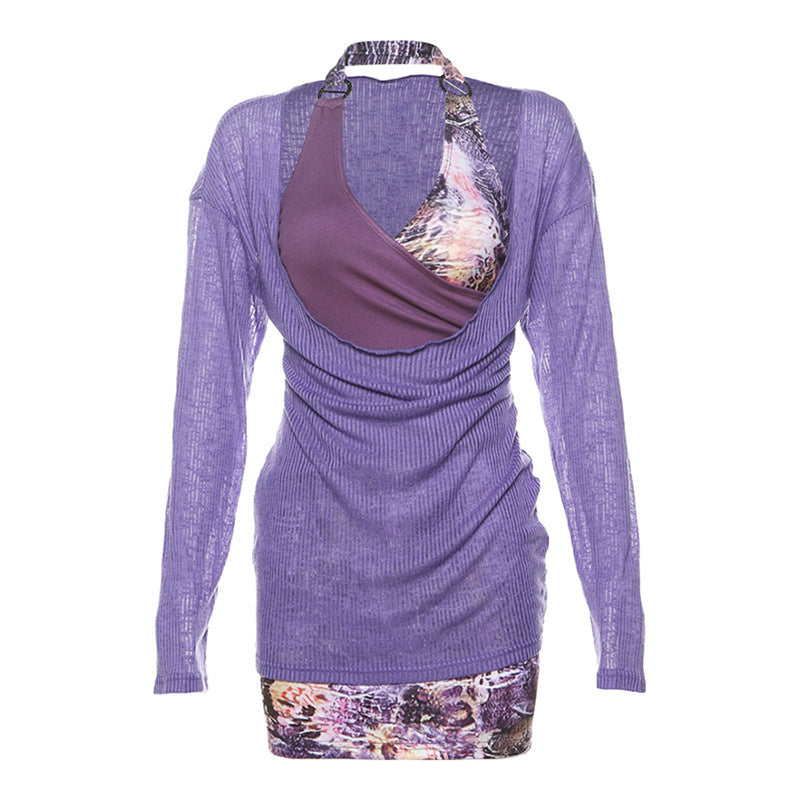 2024New Fall Women's Clothing Fashion Printed Irregular Stitching Suspender Skirt Outer Wear Slim-Fit Knitted Top