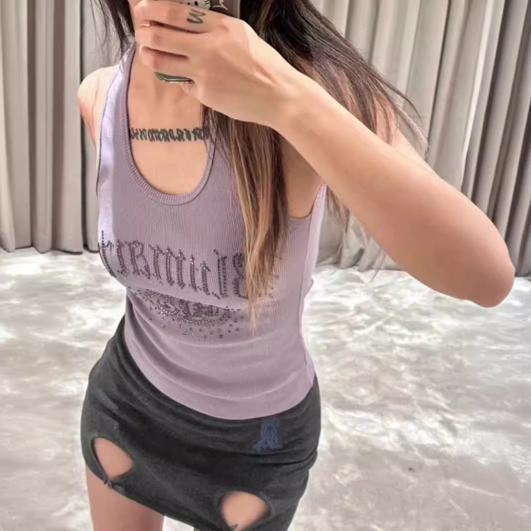 High VersionBlumarin*24ssShiny Letter Rhinestone Sleeveless Skinny Slimming Vest Easy Matching Sling Top